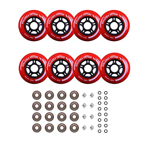 Rollerex Inline Skate/Rollerblade Wheels VXT500 80mm (8-Pack or 2-Pack or 2 Wheels w/Bearings, Spacers and Washers) (80mm Rocket Red (8 Wheels w/Bearings, spacers and washers))