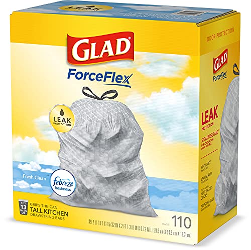 GLAD TALL KITCHEN DRAWSTRING TRASH BAGS – ODORSHIELD 13 GALLON WHITE TRASH BAG, FEBREZE FRESH CLEAN, 110 COUNT