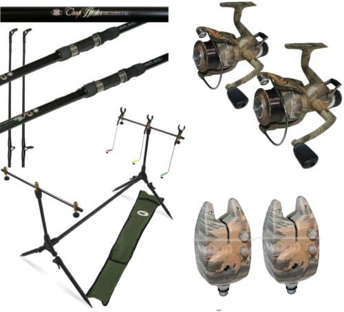 OAKWOOD CAMO CARP FISHING SET UP 2 X 12FT CARP RODS + 2 X CARP REELS + 2 X ALARMS + POD