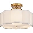 CALOKES Semi Flush Mount Ceiling Light, 11.8" Modern 3-Light Fixture with Petal-Shaped Cream White Fabric Shade and Golden Su
