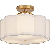 CALOKES Semi Flush Mount Ceiling Light, 11.8" Modern 3-Light Fixture with Petal-Shaped Cream White Fabric Shade and Golden Su