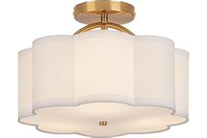 CALOKES Semi Flush Mount Ceiling Light, 11.8" Modern 3-Light Fixture with Petal-Shaped Cream White Fabric Shade and Golden Support Arm, Ideal for Bedroom, Kitchen, Living Room, Hallway, and Entryway
