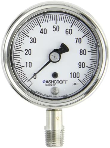 Duralife Type 1009SW Stainless Steel Case Dry Filled Pressure Gauge, Stainless Steel Tube and Socket, 2-1/2" Dial Size, 1/4" NPT Lower Connection, 0/100 psi Pressure Range