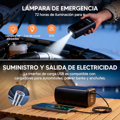 Arrancador de Batería 6000A con Compresor, 10 en 1 Jump Starter 12V para 10L Diésel, Inflador 160 PSI, Luz LED y Cable de arranque estándar – Caja de Arranque Portátil para Auto, Edición estándar