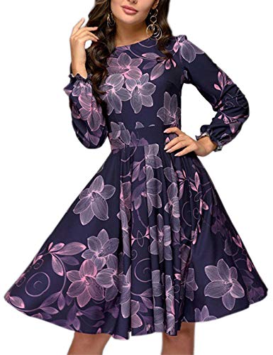 Simple Flavor Women's Floral Vintage Cocktail Swing Dress Ruffle Sleeve(Purple,L)