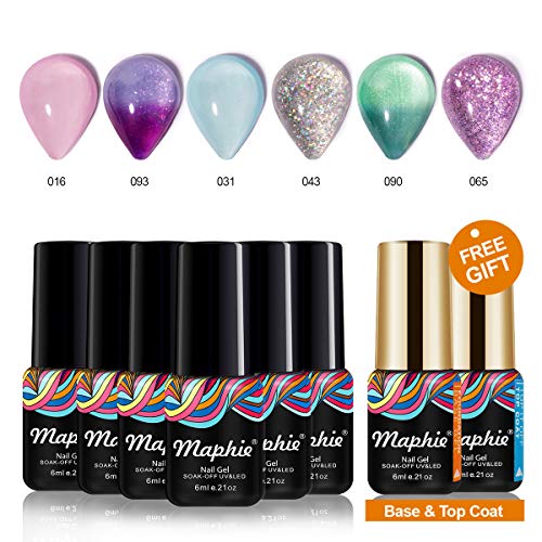 Maphie Gel Nail Polish Sets, 6 Colours Pastel Glitter Colour Including 2 Changing Gel UV LED Soak Off Gel Varnish Manicure with FREE TOP BASE COAT SET 6ml Maphie Gel Nail Polish Sets, 6 Colours Pastel Glitter Colour Including 2 Changing Gel UV LED Soak Off Gel Varnish Manicure with FREE TOP BASE COAT SET 6ml