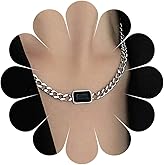 Andelaisi Boho Onyx Square Choker Necklace Vintage Curb Chain Necklace Black Gemstone Necklace Minimalist Geometric Square Necklace Chain Jewelry for Women