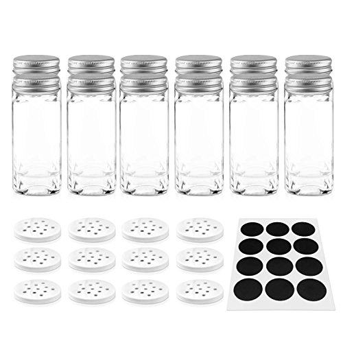 Nellam 12 Square Spice Jars Set with Shaker Tops and Sticker Labels  4oz Clear Glass Containers with Silver Top  Kitchen Organizer Bottles for Pepper Salt Herbs and Spices 