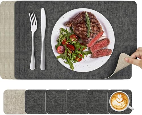 Placemats and Coasters Set 6: KitchenBoss Dual Sided Place Mats for Table, Wipeable Black Dinner Mat Coaster Sets, Non Slip Washable Dining Table Plate Mats，43 * 30cm (Black + White-gray)