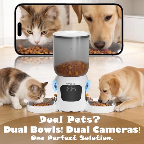Dual-Lens Automatic Cat Feeder with Camera for 2 Cats, 6L1080P HD Video Pet Food Dispenser with Dual Bowls, AI Motion Detection & 2-Way Audio, App Control Timed Feeder for Multi-Cat Household