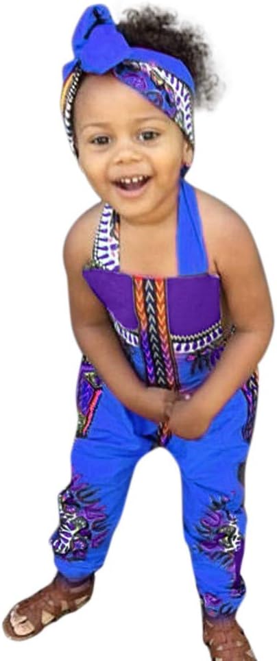 Toddler Kid Sleeveless Romper Hair Band Jumpsuit Clothes Baby Girl African Print Cotton Blend Beach
