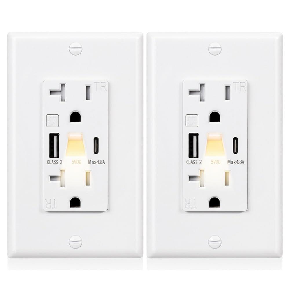 Photo 1 of KEYGMA USB Outlet with Night Light (Manual), 20A 125V Electrical USB C Outlet, 5V 4.8A Tamper-Resistant USB Wall Outlets with Type A & Type C Ports, Wallplate Included, ETL Listed, White (2 Pack)
