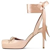 RJYLP Satin Ballet Heels for Women with Bow Square Toe Ballerina Stiletto Heels Lace Up High Heel Slingback Pumps Strappy Mary Janes Cute Elegant Party Shoes