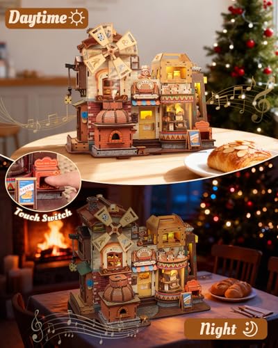 CUTEBEE 3D Holzpuzzle Bread Factory – Modellbau Holz Bausatz für Erwachsene mit LED, Musik & rotierenden Mechanismen, 576-teiliges Miniatur-Haus, Holzbausatz DIY, Bücherregal-Deko, Geschenkidee