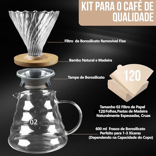 Kit Cafeteira 600ml, 120 Filtros v60, Cafés Jarra Vidro Borosilicato, Coador v60, Coador de Cafe Vidro, Clever Dripper, Kit Cafeteira Filtrador V60 Coador de Café Passador de Café