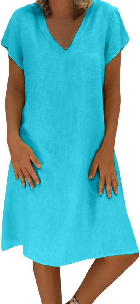 Women Tee Dress Short Sleeve Boho Solid Turn Down Collar Loose Cotton Linen Dresses Ladies Casual Pockets Button Shirt Dress Plus Size Summer Sundress