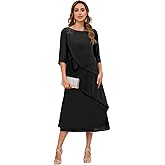 Gjvgj Mother of The Bride Dresses for Women Chiffon Lace Applique A-line Tea Length Formal Wedding Dress