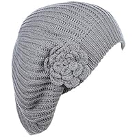 BYOS Ladies Winter Solid Chic Slouchy Ribbed Crochet Knit Beret Beanie Hat W/Flower Adornment