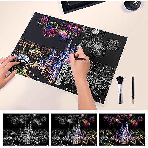 UPSTONE Scratch Art Paper Rainbow Painting Sketch Pad DIY Night View Scratchboard for Adults and Kids ï¼Œ16 X 11.5 Inches (Dream Castle)