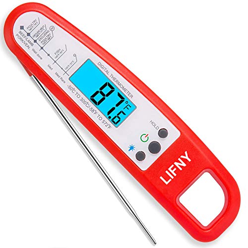 LIFNY Digital Meat Thermometer Instant Read Thermometer For Grill And Cooking With Backlit -Digital Food Thermometer Waterproof For Food,Milk,Tea,BBQ- Digital Cooking Thermometer With Probe,Red