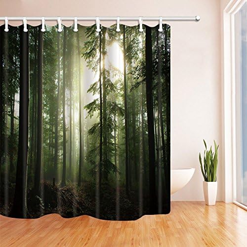 HiSoho Plant Decor, Morning Sunshine in Forest Tall Trees Polyester Fabric Waterproof Bath Curtain, 71X71 in, Shower Curtain Hooks Included
