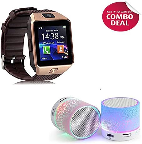 Padraig combo of DZ09 Smartwatch with Camera and Sim Card, Touch Screen, Multi language and S10 Hand-free Wireless LED Bluetooth Speakers with Calling Functions and FM Radio for All iPhone Devises