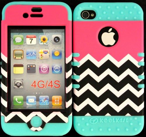 Hybrid Cover Case for Iphone 4 4s Dark Pink Block Chevron Hard Plastic Snap on Baby Teal Silicone Gel