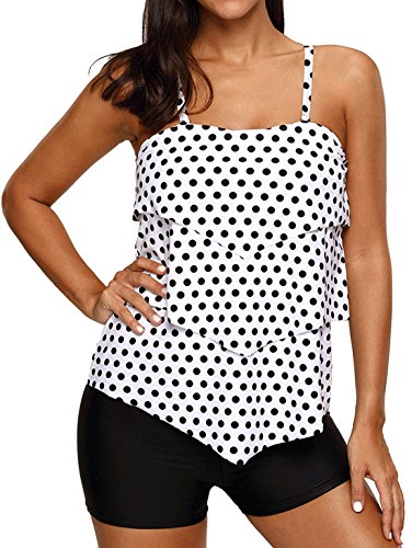 Dearlove Summer Women Retro Polka Dot Ruffle Halter Padded Tankini Top Two Piece Swimsuit With Swim Shorts Swimwear White Black L 12 14 Dearlove Summer Women Retro Polka Dot Ruffle Halter Padded Tankini Top Two Piece Swimsuit With Swim Shorts Swimwear White Black L 12 14