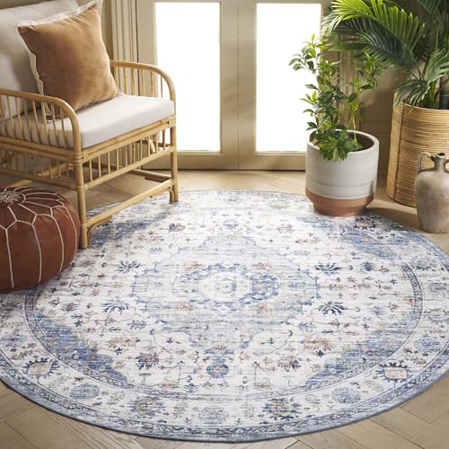 SAFAVIEH Washable Rug Arizona Collection - 6' Round, Light Blue & Ivory, Slip R…