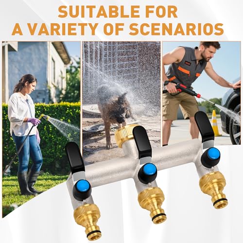 OPERMAXER 3-Way Tap Water Distributor, 304 Stainless Steel Handle, 3/4 Inch Brass Water Connection Distributor with Individual Shut-off Valves, 3 x 3/4 Inch Distributor Outlets for Appliances/Garden Hoses