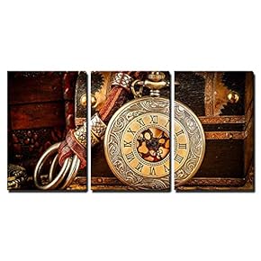 Vintage Antique Pocket Watch Vintage Grunge Still Life x3 Panels