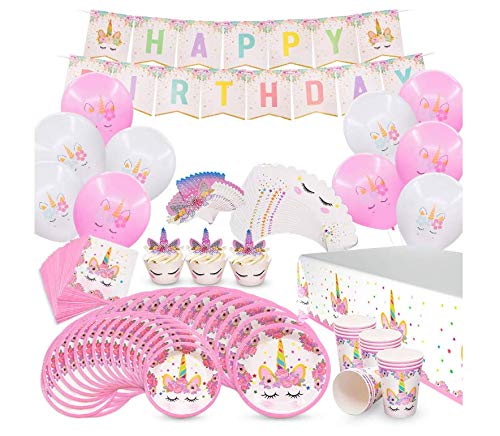 Unicorn Party Supplies, Serves 16 Birthday Party Favors Decorations for Kids Girls, Cupcake Toppers Wrappers, Plates Cups Napkins, Balloons Banners Tablecloth