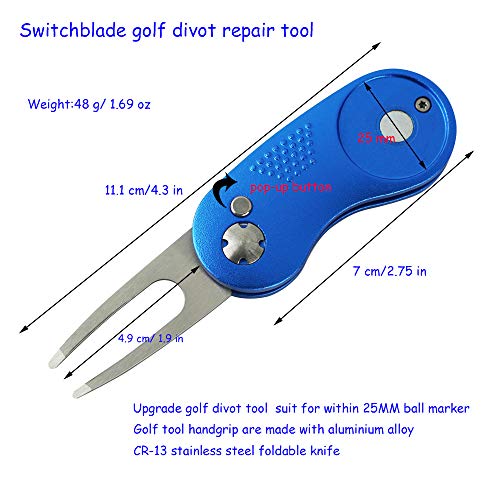 MyartteÂ Golf Divot Repair Tool,Foldable Divot Tool, Stainless Steel Switchblade with 2 PCS Detachable Golf Ball Marker Pop-up Button (Blue Clover)