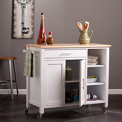 Southern Enterprises Rolling Kitchen Cart Island - Fixed Shelves w/Cabinet - White Finish w/Wood Top
