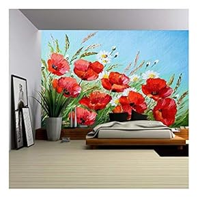 Oil Painting - Poppies in The Field, Flowers, Spring - Removable Wall Mural | Self-Adhesive Large Wallpaper - 66x96 inches