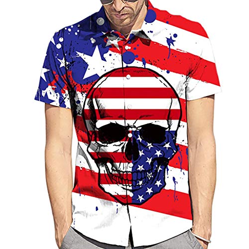 Haluoo Men’s Short Sleeve Button Down Aloha Shirt American Flag T-Shirt Vintage Patriotic Shirts Hipster Hip Hop Tee Shirt 3D Graphics Printed Hawaiian Shirt (Small, Skull)