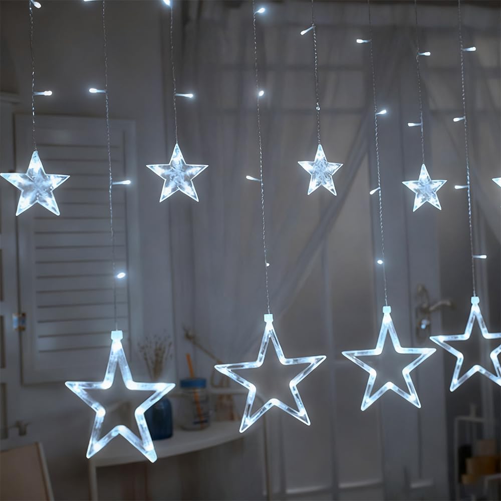 shsyue Christmas Window Lights Decorations Indoor, 2.5m LED Curtain Lights with 12 Stars 138 LED, String Lights for Xmas Tree,Bedroom,Wedding,USB Control 8 White Light Flashing Mode