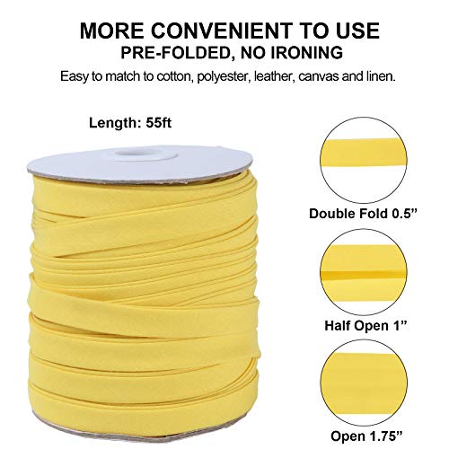Bias Tape Double Fold 1/2 inch, Double Fold Bias Binding Tape 55 Yards (Yellow) and 4 Pieces