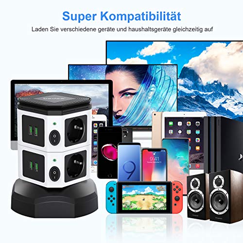 Steckdosenleiste mit Überspannungsschutz, bedee Mehrfachsteckdose mit 6 Fach Steckdosenturm, 4 USB Ladegerät, Wireless Charger, Vertikale Steckdosen mit Schalter, 2M Kabel & Kindersicherung, Schwarz
