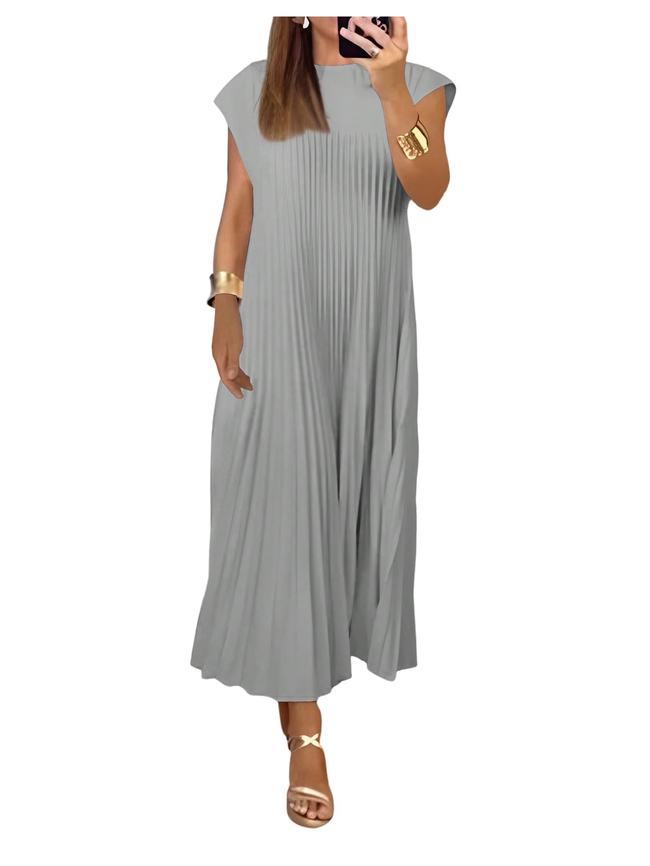 Photo 1 of GORGLITTER Women's Pleated Church Maxi Dresses Summer Casual Short Sleeve Crew Neck Flowy Loose Long Sundresses 2025 Light Grey Small