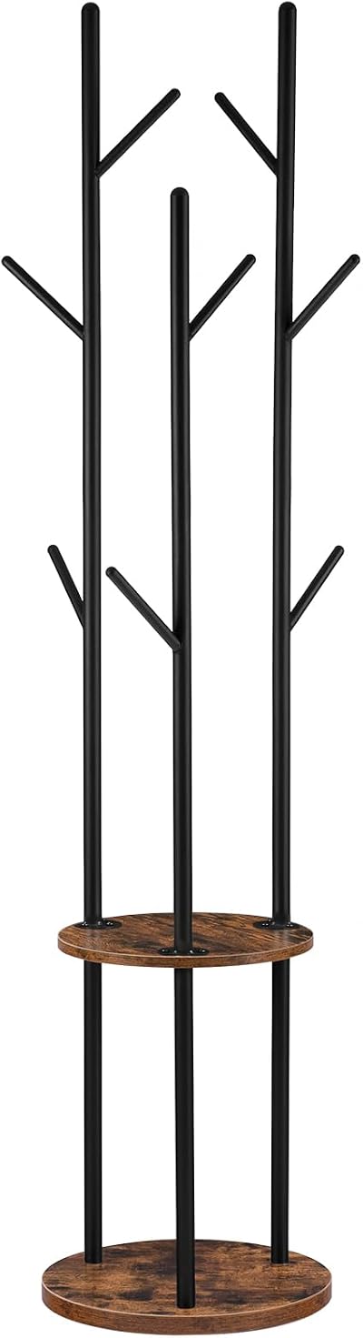 HOOBRO Coat Stand 8 Hooks 2 Shelves Hall Tree Rustic Brown EBF33YM01G1