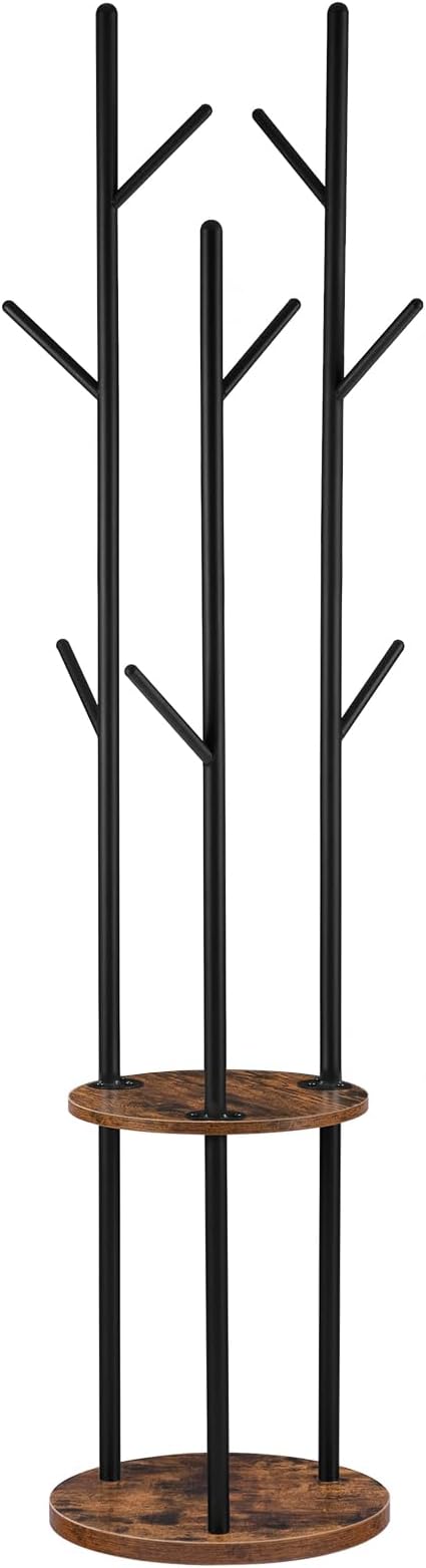 HOOBRO Coat Stand 8 Hooks 2 Shelves Hall Tree Rustic Brown EBF33YM01G1