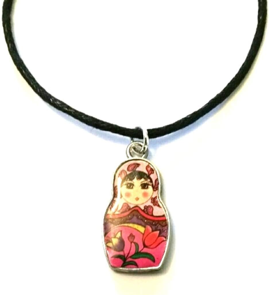 Twilight Gifts Retro Black Leather Look Cotton Cord Necklace & Tibetan Silver Charms (Russian Doll)