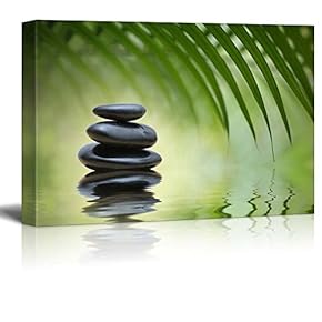 Rocks on a Serene Lake Under a Palm Tree - Canvas Art Home Art - 12x18 inches