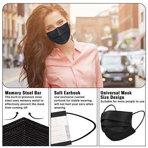 Black Face Mask for Adults Women Men, Black Face Mask Disposable, Breathable Disposable Mask with Adjustable Ear Loops (30PCS)