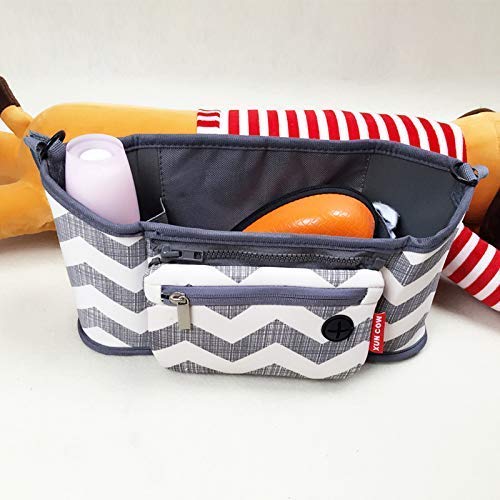 Universal Stroller Organizer Bag,DOCA Pram Buggy Organiser Storage Bag with Cup Holders,Headphone Port & Removable Compartments - Large Space for Buggies Pushchairã€Stripe Greyã€‘