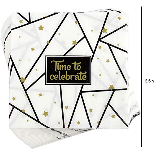 177 Piece Black and Gold Celebration Party Supplies Set Including Banner, Plates, Cups, Napkins, Tablecloth, Spoon, Forks, and Knives, Serves 25