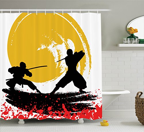 Ambesonne Japanese Shower Curtain, Watercolor Style Silhouette Ninjas in The Moonlight Medieval Themed Ethnic Folk Asian Print, Fabric Bathroom Decor Set with Hooks, 69" W x 70" L, Vermilion Mustard