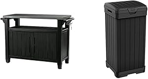 Keter Unity XL Portable Outdoor Table and Storage Cabinet, Dark Grey & Baltimore 38 Gallon Trash Can with Lid and Drip Tray, 38 Gallons, Black