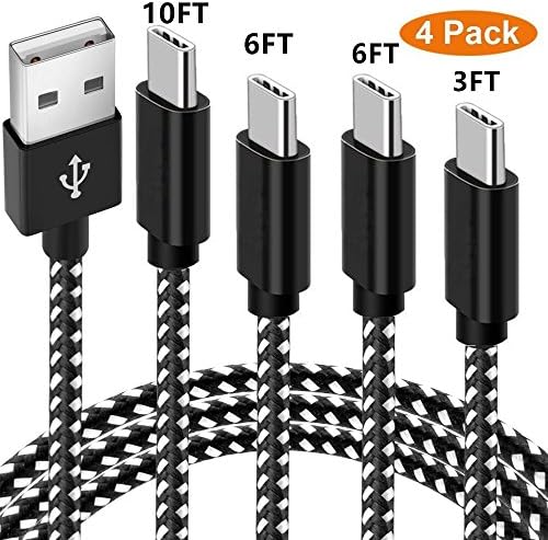 USB Type C Cable, ANLOER 4Pack 3Ft 6Ft 6Ft 10Ft Nylon Braided Long Cord Data Sync Cord for Samsung Galaxy Note 8, S8 Plus, LG V30 V20 G5 G6, Google Pixel 2, Nexus 5X/6P, Moto Z2 (Black/White)